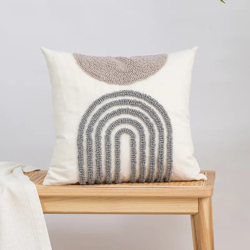 DecorBites™ Geometric Embroidery Tassel Cushion Cover - Grey White Simple Loop Tufted Pillow