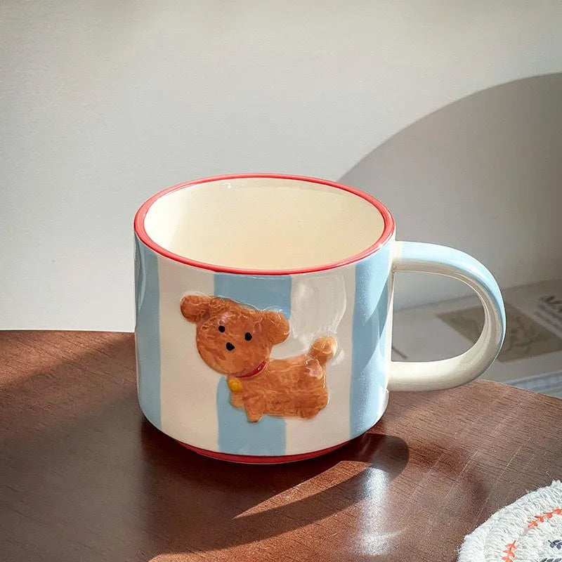 Decorbites™ Kawaii-Tier Keramik-Trinkgeschirr-Set: Kaffeetasse, Dessertteller, süßer Hund-Becher