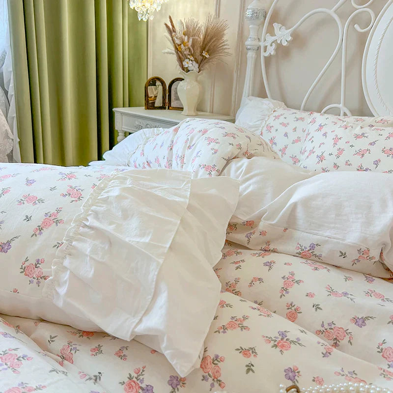 Decorbites™ Baumwoll-Bettwäsche-Set mit Blumenmuster und Falten-Spitzen-Volants, 4-teiliges Ensemble