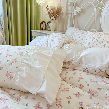 Decorbites™ Baumwoll-Bettwäsche-Set mit Blumenmuster und Falten-Spitzen-Volants, 4-teiliges Ensemble