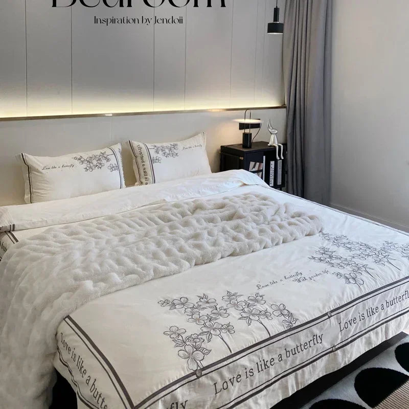 DecorBites™ French Embroidered Cotton Bedding Set Queen Duvet Cover Luxury 100s, High-End Quality