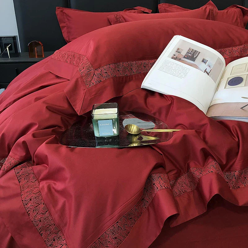 DecorBites™ Grey Hollow Lace 1000TC Egyptian Cotton Bedding Set with Wide Edge