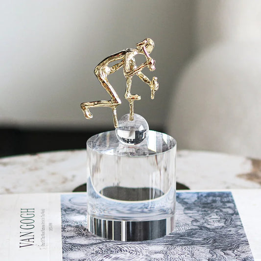 DecorBites™ Geometric Crystal Sculpture: Golden Metal Handcrafted Worker Figurine