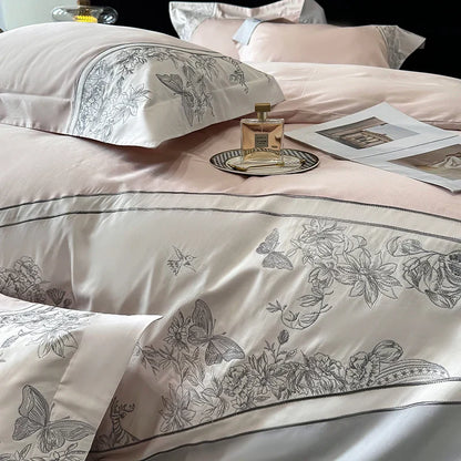 Decorbites™ Luxus-Schmetterlingsblumen-Stickerei-Bettwäsche-Set mit Steppdecke Bezug Laken Kissenbezügen 4Stk