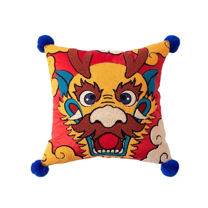 Decorbites™ Drachen-Jahr Kissenbezug 45x45 cm Dekoratives Wurfkissen mit Haarbällchen-Stickerei