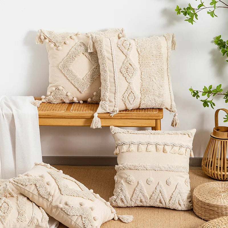 Decorbites™ Beige Wabi-sabi Quastenbesetzte Fransen Geometrische Troddel Baumwolle Leinen Kissenbezug