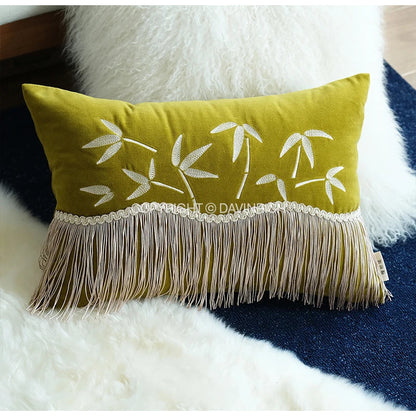 DecorBites™ Bamboo Embroidered Fringed Velvet Lumbar Pillow Cover 30x50cm Luxurious Artistic Oriental Style