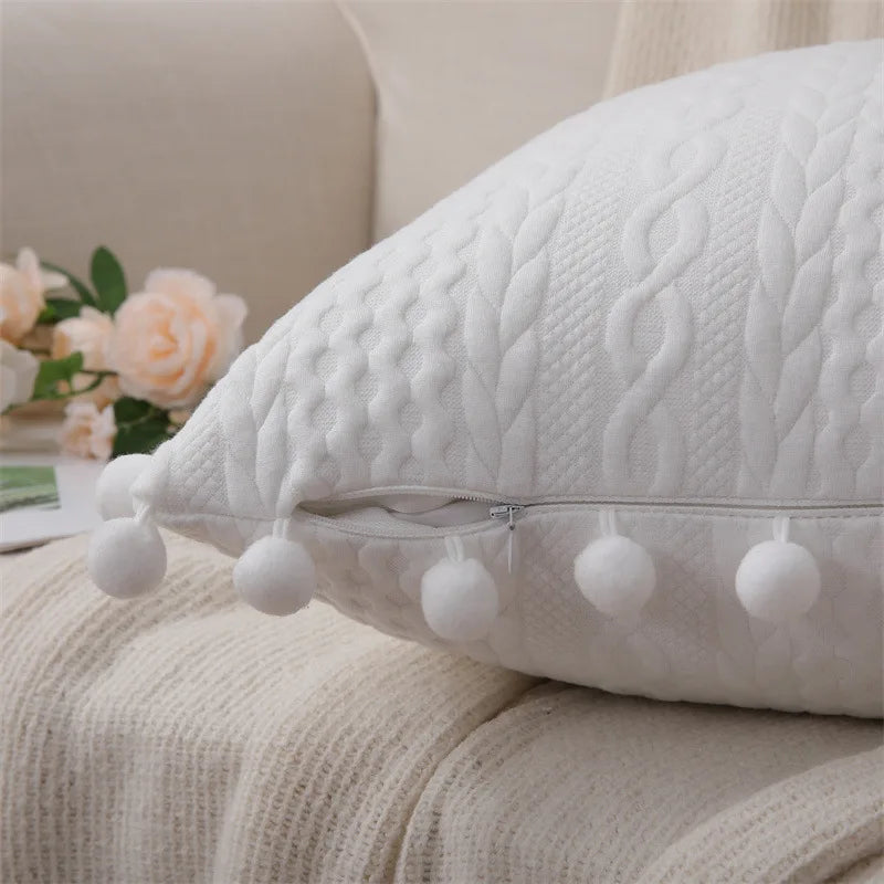 Decorbites™ Spitzen-Pompom-Baumwoll-Kissenbezug, 50x50 cm, Weiße Bälle, Weicher Sitzbezug, Wohnraumausstattung