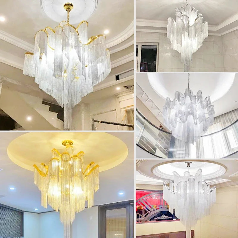 Decorbites™ Fransen-Kronleuchter: Silber- und Gold-Aluminium-Ketten-Hängeleuchte für luxuriöse Einrichtung von Zuhause und Hotel