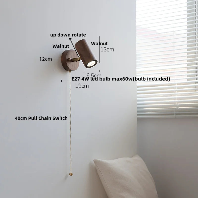 DecorBites™ LED Walnut Wood Wall Light Fixture Clear Glass Sconce Bedside Lamp