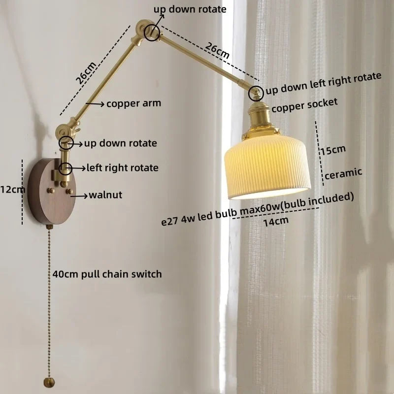DecorBites™ LED Wall Lamps Pull Chain Switch Modern Stair Light Fixtures, Ceramic Copper