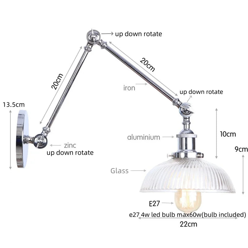 Decorbites™ Industrielles Loft Schwenkarm-LED-Wandleuchte Glas Vintage Spiegel-Lampe