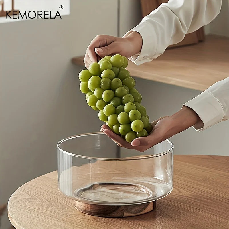 DecorBites™ Creative Glass Fruit Bowl with Wood Base - Large Salad Bowl for Snacks, Popcorn, Nuts, and More