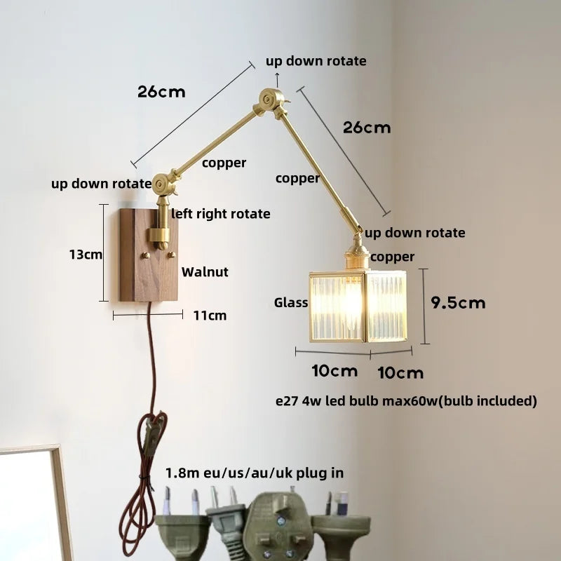 DecorBites™ Cube Glass LED Wall Sconce Walnut Wood Rotatable Mirror Light