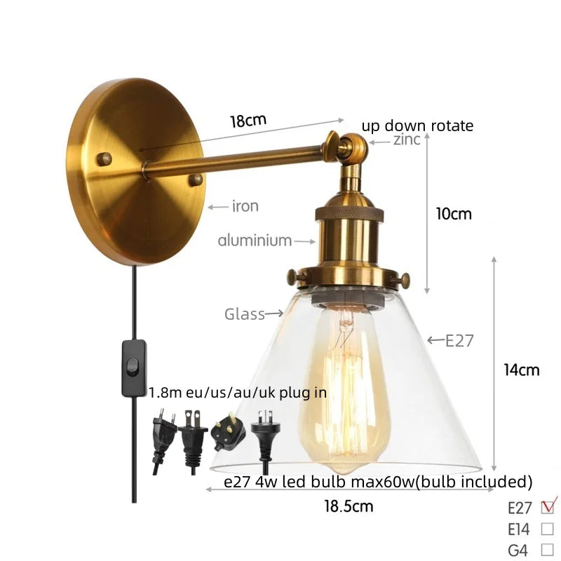 Decorbites™ Klares Glas Eisen LED Wandlampe Rustikales Industrielles Vintage Steckdosensleuchte