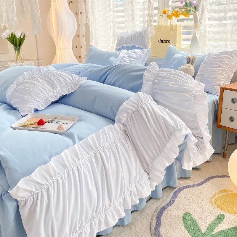 DecorBites™ Lace Trim Bedding Set Queen/King Size Comforter Sets Solid Color Bed Skirt