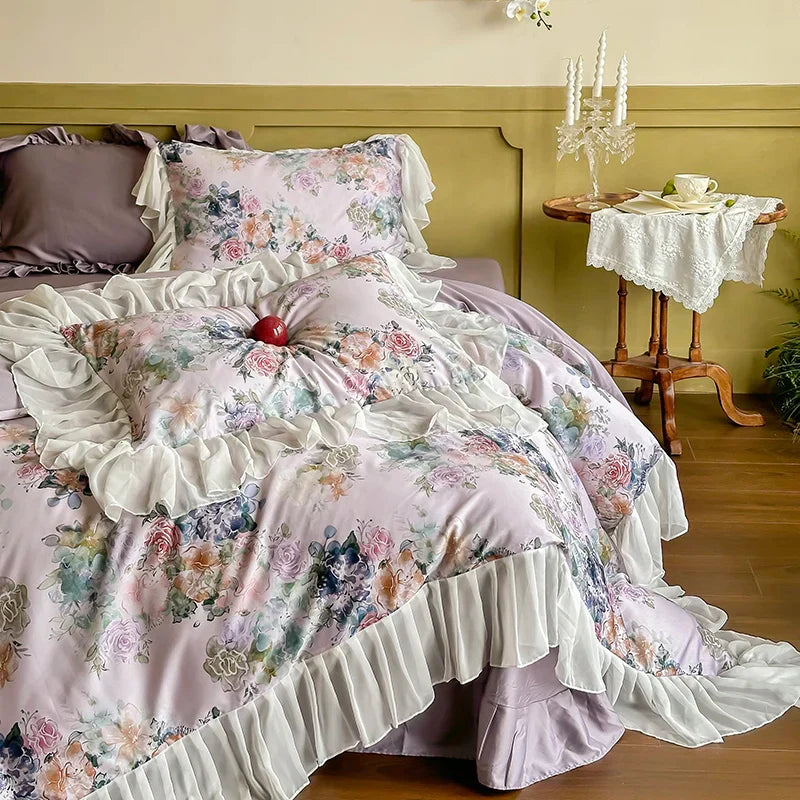 Decorbites™ Französische Blumen-Spitzen-Volants-Prinzessinnen-Bettwäsche-Set aus 1000TC ägyptischer Baumwolle