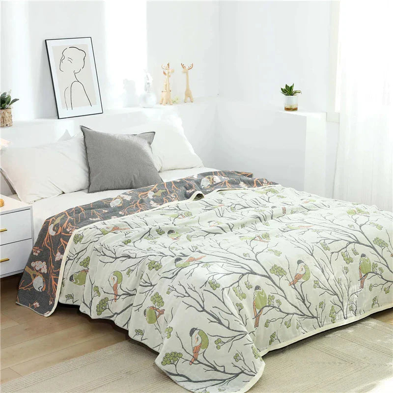 Decorbites™ Japanische Baumwoll-Einzelbettüberwurf mit Kissenhandtuch - Design mit Blumen und Vögeln