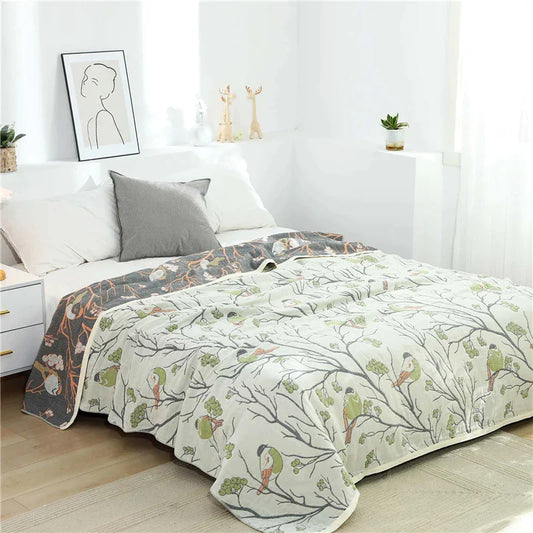 Decorbites™ Japanische Baumwoll-Einzelbettüberwurf mit Kissenhandtuch - Design mit Blumen und Vögeln