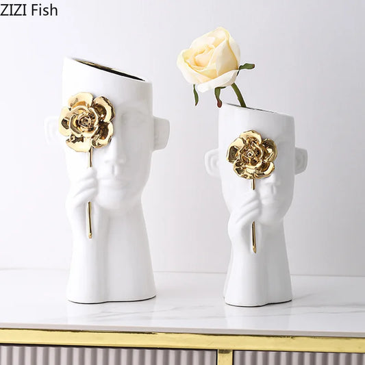 Decorbites™ Goldene Rosenrelief-Keramikvase, elegante Schreibtisch-Blumenvasen-Dekoration für den Raum