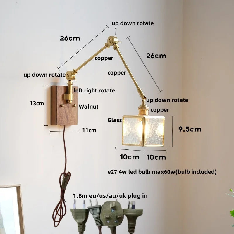 DecorBites™ Cube Glass LED Wall Sconce Walnut Wood 2 Arms Rotatable Mirror Light