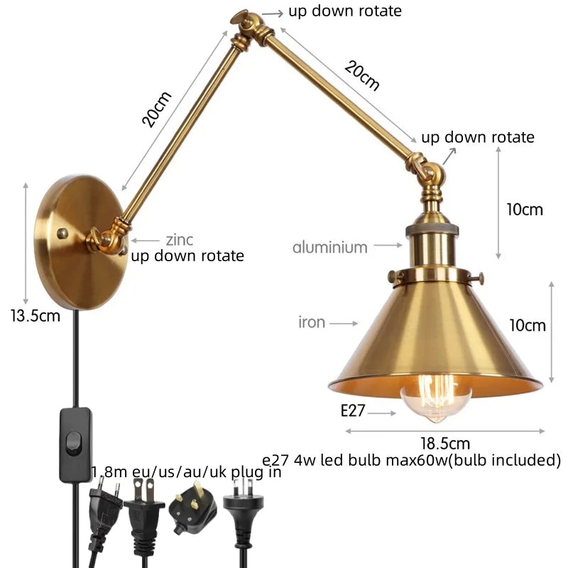 DecorBites™ Gold Long Arm LED Wall Sconce with Pull Chain Switch