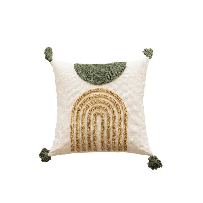 Decorbites™ Grüner Kaffee Geometrisches Tuft-Fransen Kissenbezug - Modern Minimalistischer Bestickter Bezug