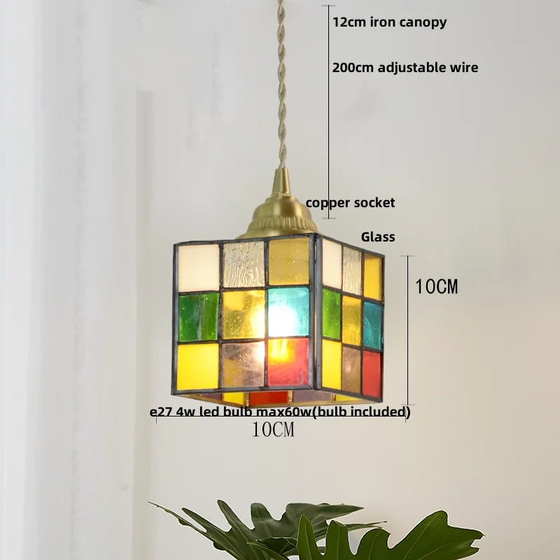 Decorbites™ Bunte Glas-Magisches-Würfel-LED-Hängeleuchte Tiffany-Stil Holz-Hänge-Lampe