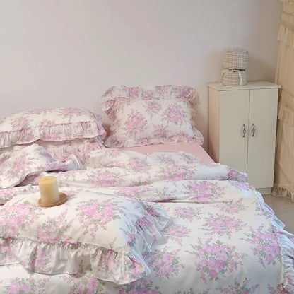 DecorBites™ French Rose Flowers Print Lace Ruffles Cotton Bedding Set - Duvet, Bed Skirt, Sheets & Pillowcases