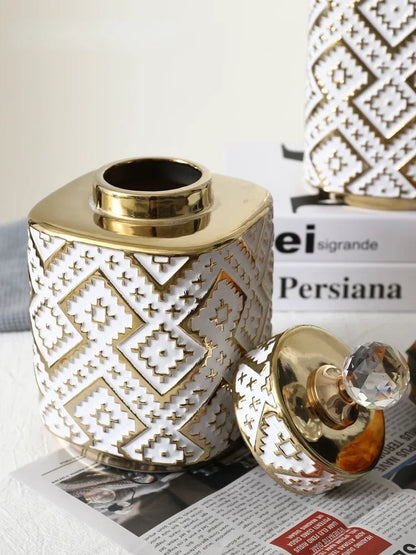DecorBites™ Geometric Golden Relief Decorative Jar - Ceramic Crystal Vase Storage Jar