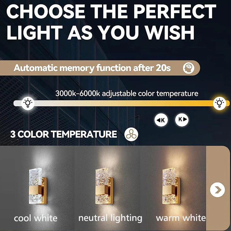 DecorBites™ Crystal LED Wall Light Remote Control Dimmable 3000K 6000K for Bedroom Hallway