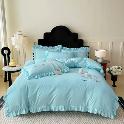 DecorBites™ French Embroidered Cotton Bed Skirt Set with Ruffled Edges