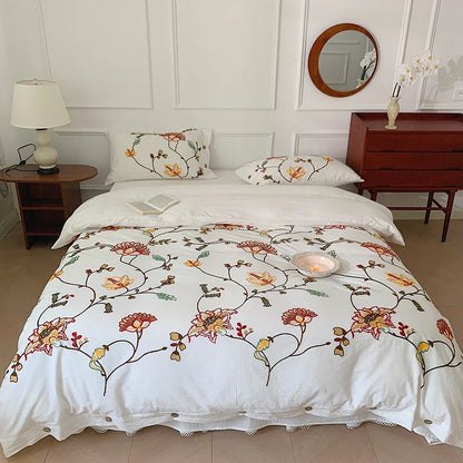 Decorbites™ Baumwoll-Bohemia-Blumen-Stickerei 4-teiliges Bettwäsche-Set Vintage-Duvet-Cover King Queen