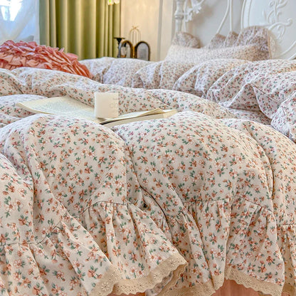 DecorBites™ Double Layer Lace Ruffles Floral Bedding Set with Duvet Cover, Bed Skirt, Pillows