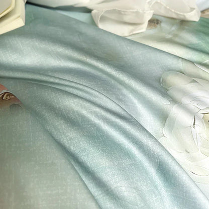 DecorBites™ French Flowers Lace Ruffles Bedding Set: Soft Silky Ice Silk for Single Queen King