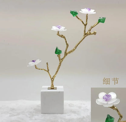DecorBites™ Crystal Flower Tree Sculpture: Golden Branches with Marble Base