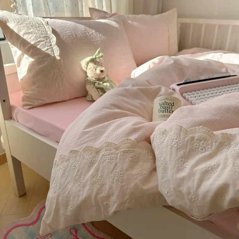 DecorBites™ French Lace Washed Cotton Bedding Sets for King Queen Beds