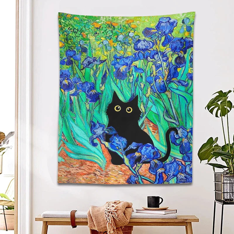 Decorbites™ Iris-Teppich mit Katze: Von Van Gogh inspirierte Kunst mit schwarzer Katze & Blumenmuster