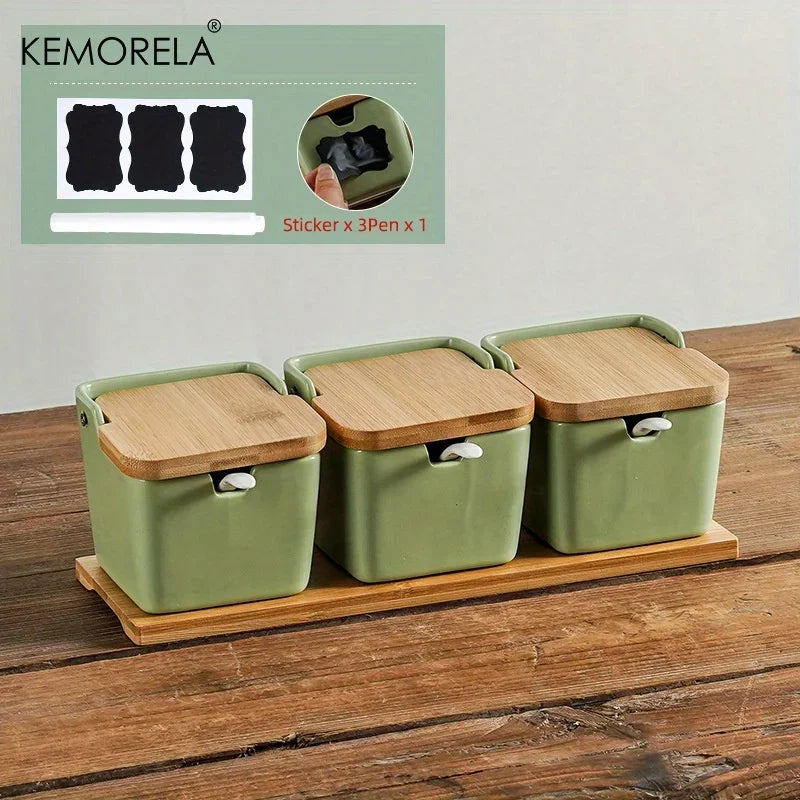 Decorbites™ Japanisches Retro-Keramik-Gewürzgefäß-Set mit Tablett - 3-teiliges Küchenorganizer