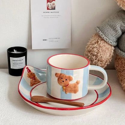 Decorbites™ Kawaii-Tier Keramik-Trinkgeschirr-Set: Kaffeetasse, Dessertteller, süßer Hund-Becher