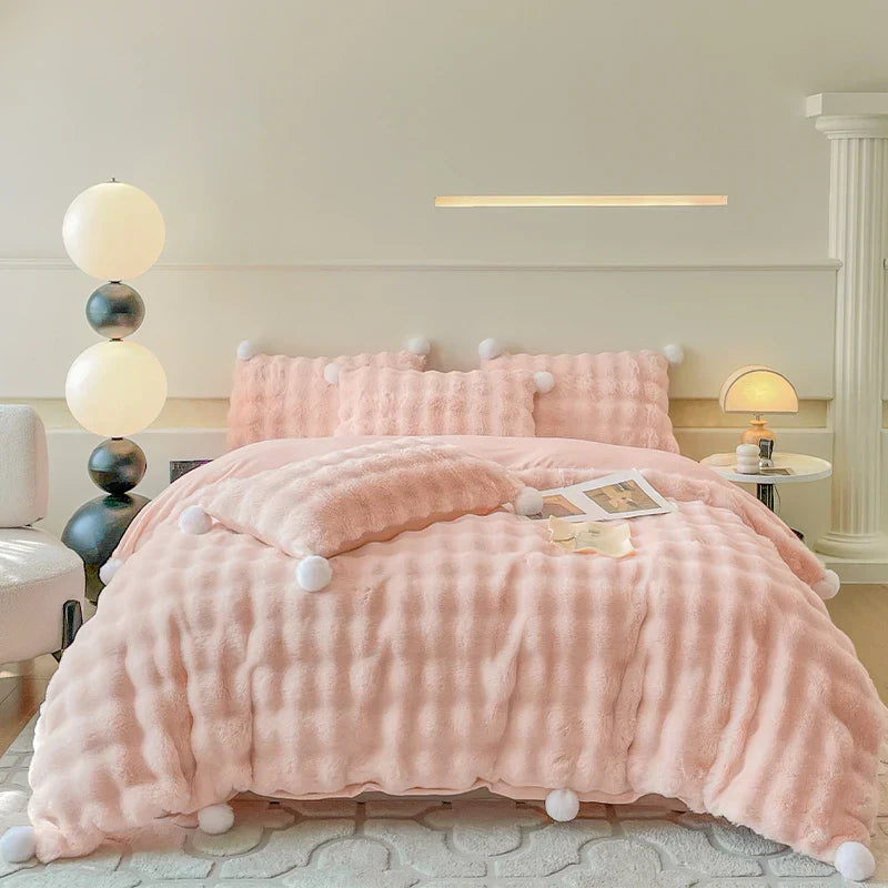 Decorbites™ Doppelseitiges Bettwäsche-Set aus Kaninchenfell, Plüschiges Samtvlies, Monochromatisches Luxus-Daunenbettdecken-Set