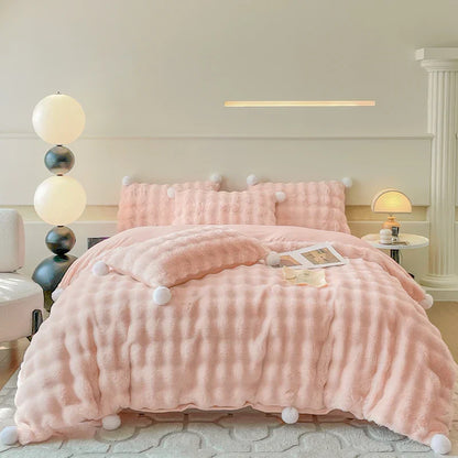 Decorbites™ Doppelseitiges Bettwäsche-Set aus Kaninchenfell, Plüschiges Samtvlies, Monochromatisches Luxus-Daunenbettdecken-Set
