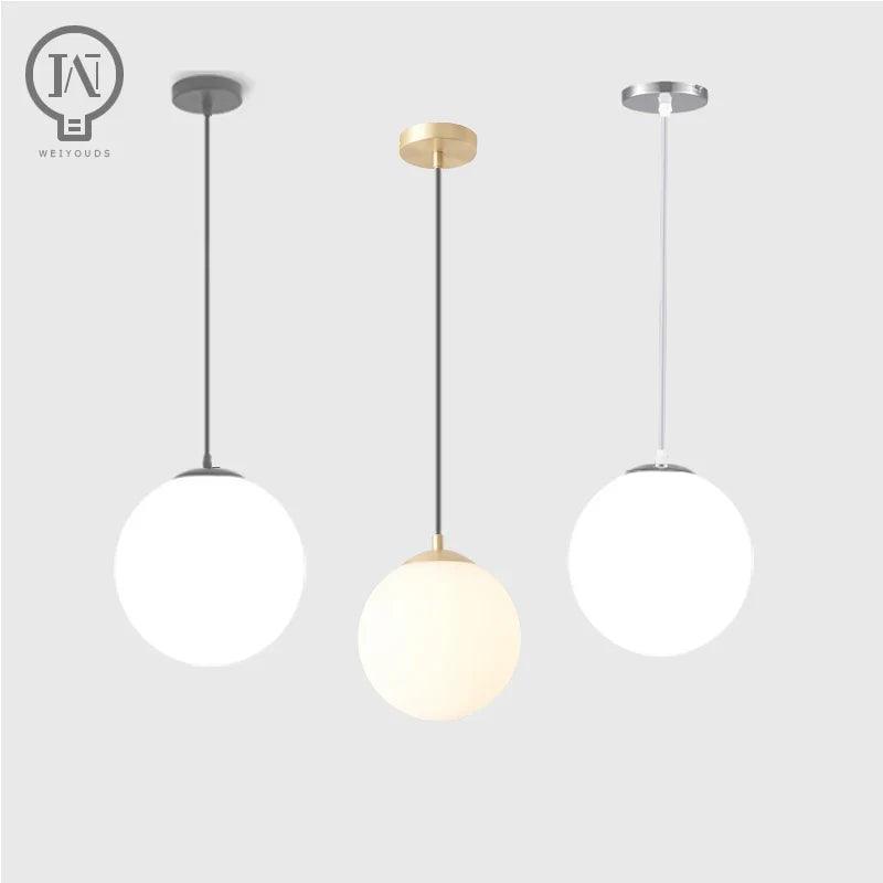 Modern White Globe Glass Pendant Light in Gold, Black, or Silver