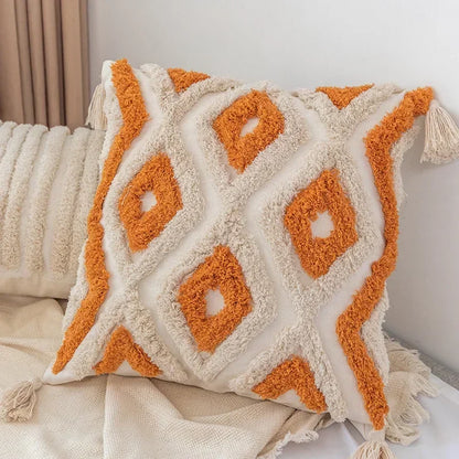 DecorBites™ Geometric Tufted Tassel Pillow Cover - Handcrafted Boho Chic Cushion Cover