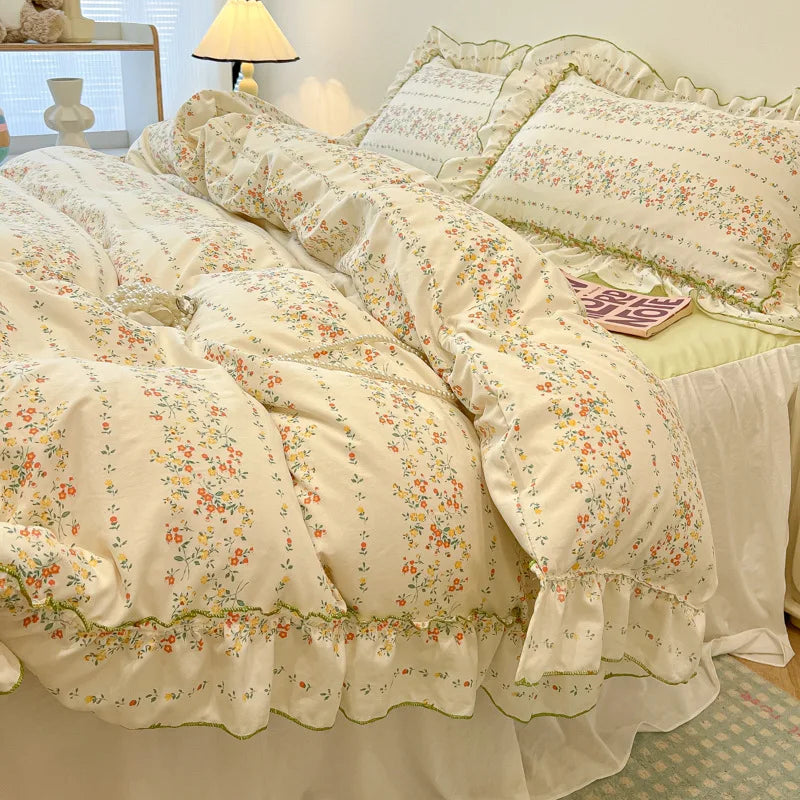 Decorbites™ Koreanische Prinzessin Blumenmuster-Bettwäsche-Set aus gewaschener Baumwolle für Mädchen