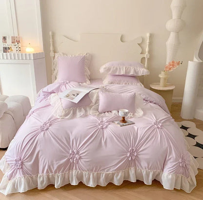 Decorbites™ Spitzen-Prinzessin-Bettwäsche-Set: Romantische Rüschen & Schleifen-Duvetbezug, Laken, Kissenbezüge