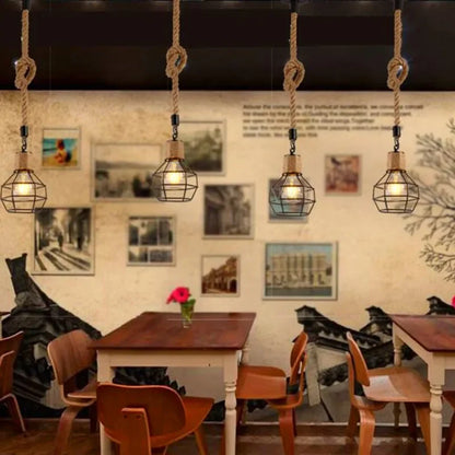 Vintage Hemp Rope Iron Pendant Light in Black