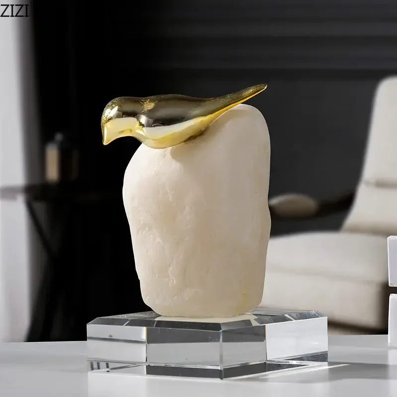 Decorbites™ Goldener Vogel-Statue Kristallbasis Schreibtisch-Dekoration, vergoldete moderne Heimdekoration