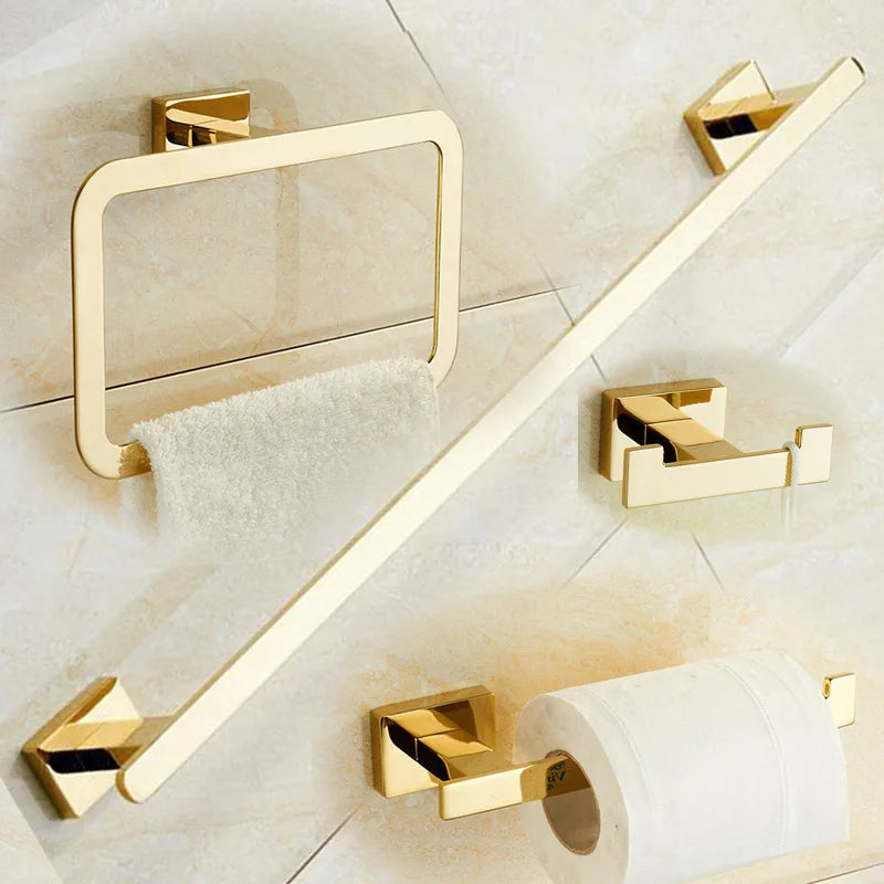Decorbites™ Gold Messing Badezimmer-Armaturen 4-Teile-Set: Handtuchhalter, Handtuchring, Toilettenpapierhalter, Bademantel-Haken