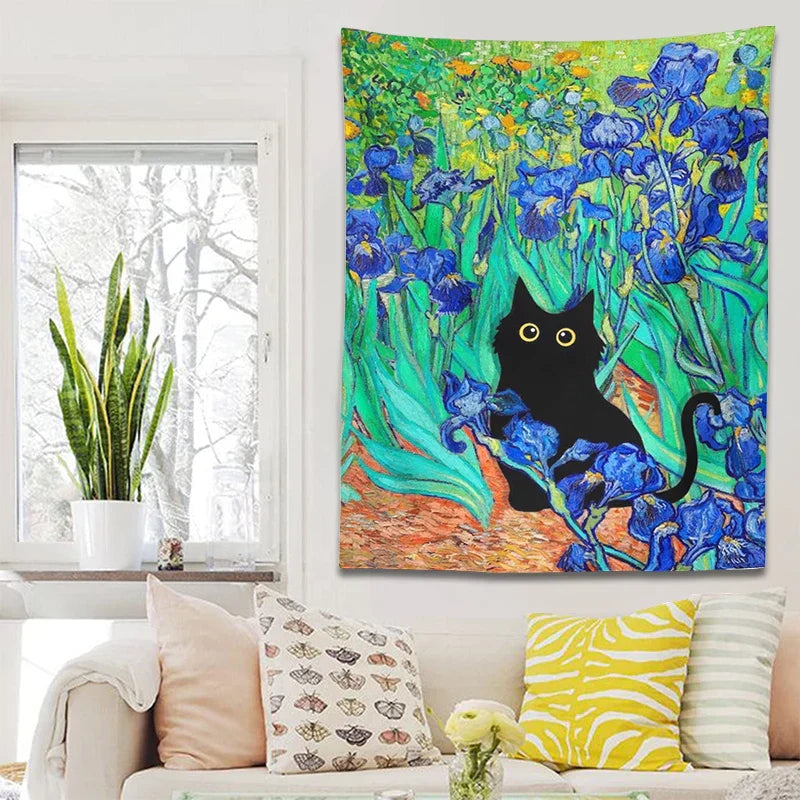 Decorbites™ Iris-Teppich mit Katze: Von Van Gogh inspirierte Kunst mit schwarzer Katze & Blumenmuster
